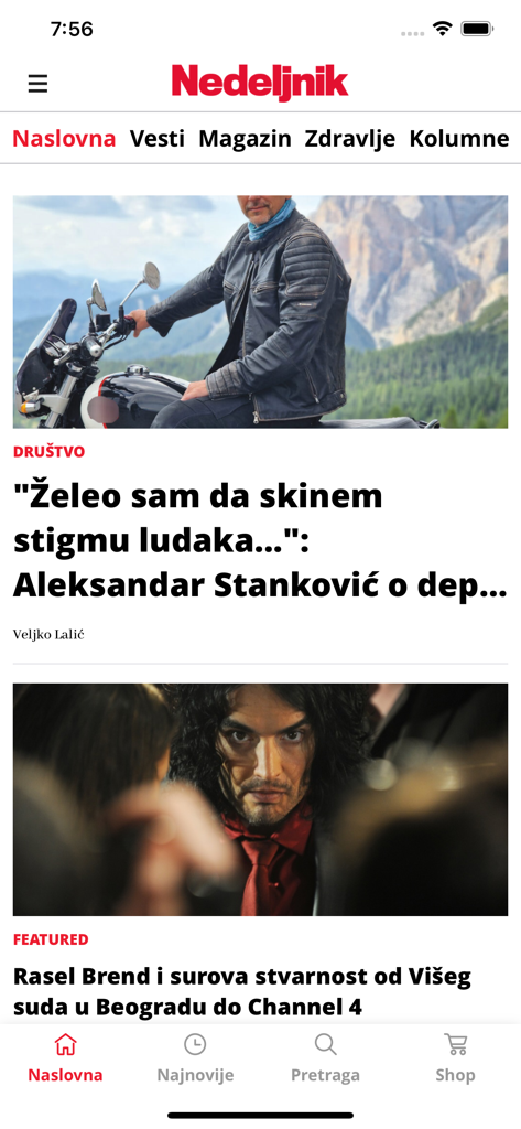 Nedeljnik news app home screen with Serbian headlines and articles.
