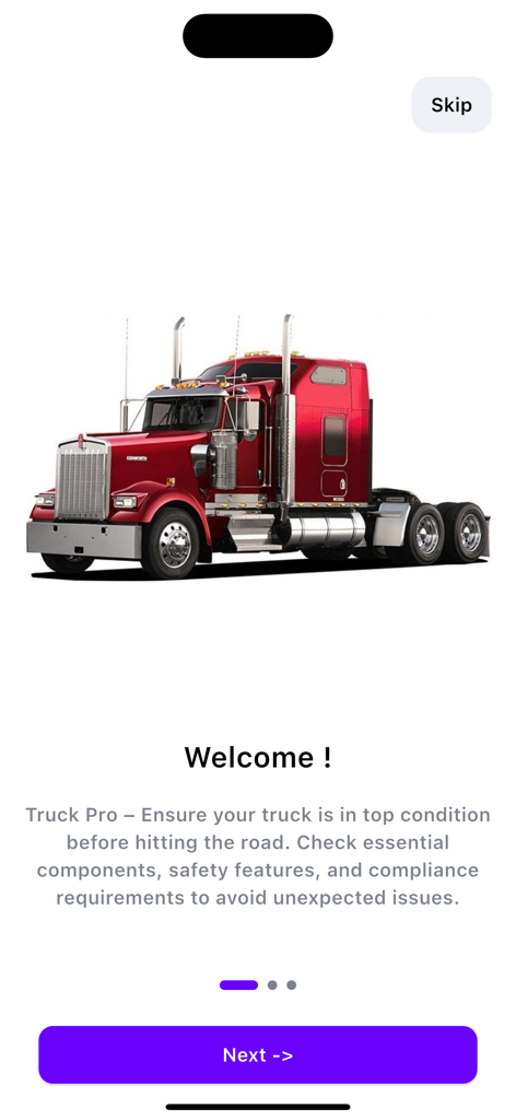 Startbildschirm der Pro Truck App mit einem roten Sattelzug und einer Einführung in Fahrzeugsicherheit und Konformitätsinspektionen.