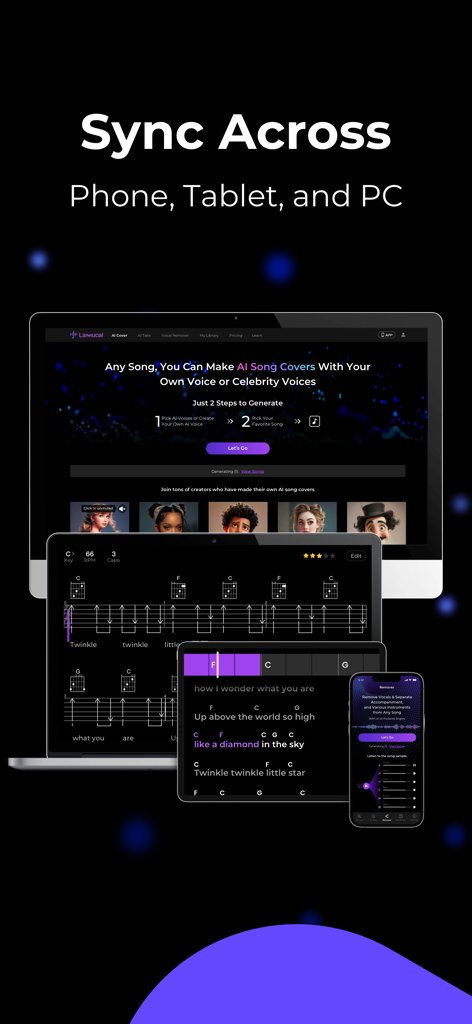 Lamucal app interface showing cross-platform synchronization on a smartphone, tablet, and computer monitor.