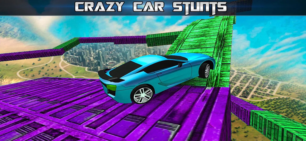 Car Stunt Races Mega Ramps - Carro esportivo azul dirigindo em uma pista de acrobacias de mega rampa de alta altitude