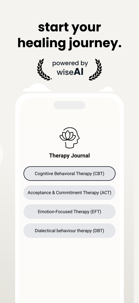 Interfaz de la aplicación Wise Journal que muestra opciones de marcos de terapia que incluyen TCC TAC TFC y TCC bajo el encabezado inicia tu viaje de sanación.