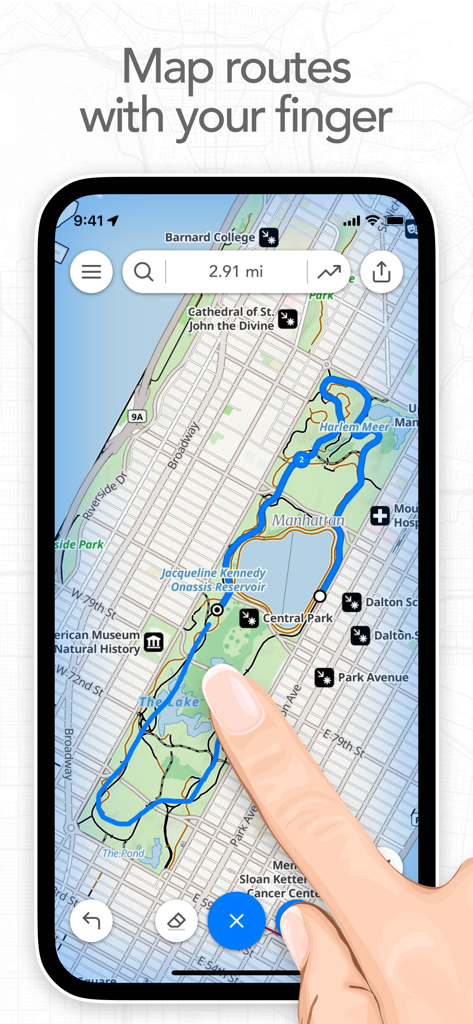 A hand tracing a blue route on a map of Central Park in New York using the Footpath app