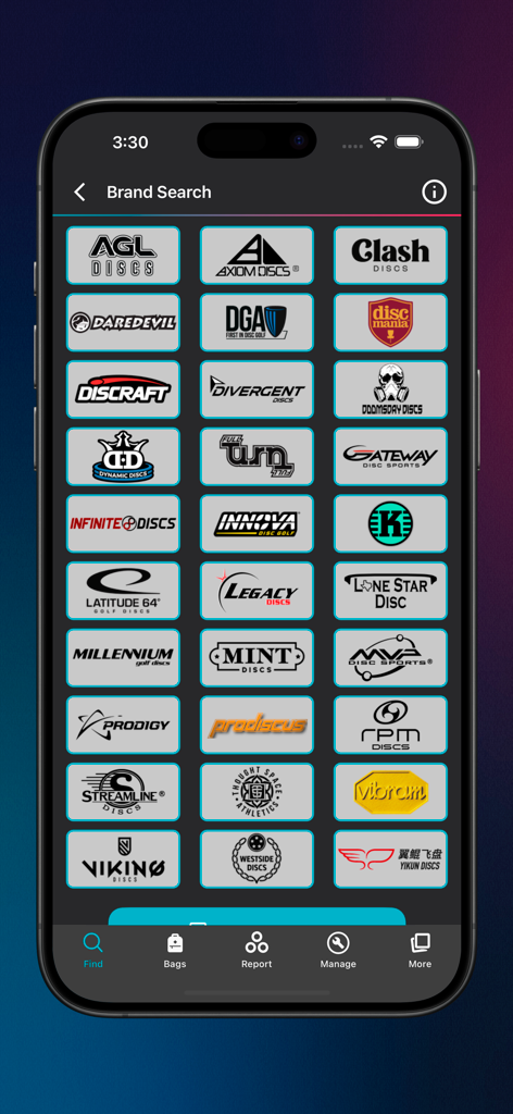Disc Finder: Disc Golf Bag - A comprehensive grid display of disc golf manufacturer logos including Innova Discraft and MVP for brand search selection