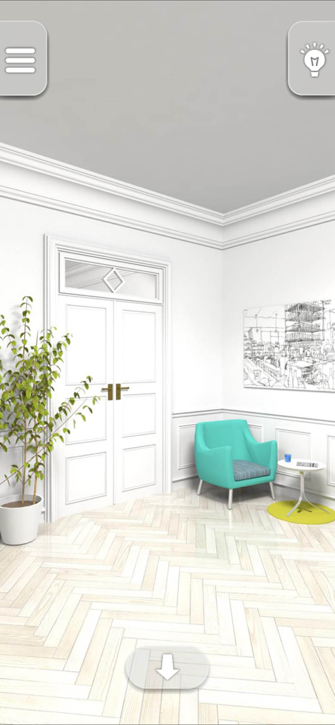 A minimalist white room with a turquoise armchair and Scandinavian decor in the game Can you escape Nordic 2