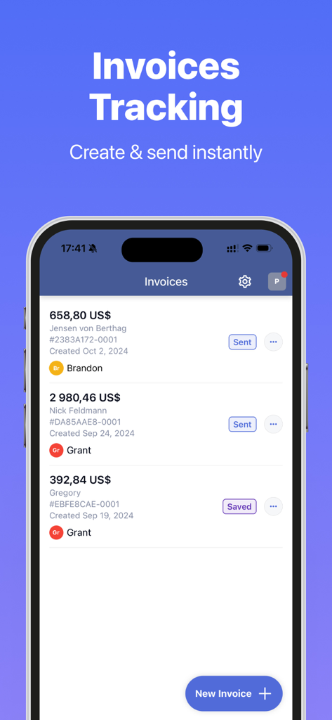 Mobile app interface showing a list of professional invoices with status indicators and a new invoice button