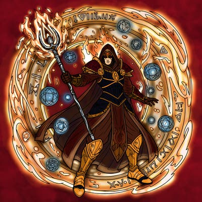fantasy fire cleric with mystic vibes