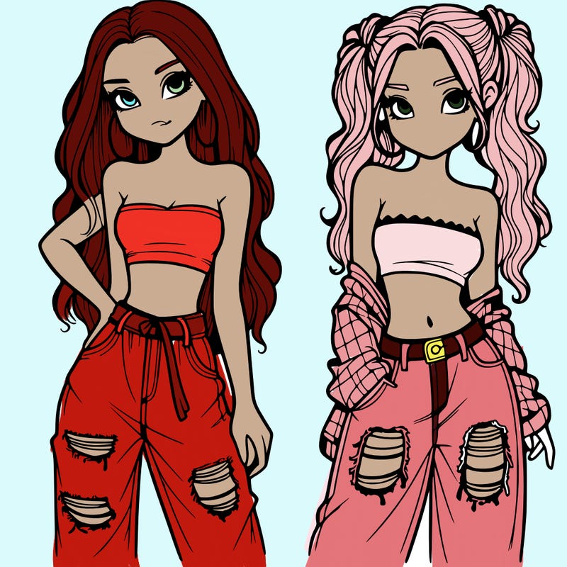 2 girls in crop tops and baggy jeans ripped