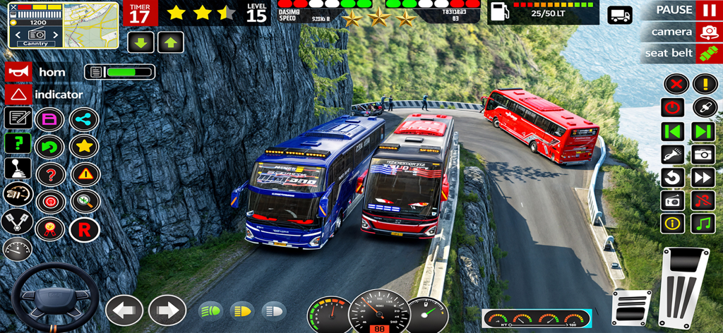 Public Bus Simulator Game 2025 - Gameplay of Public Bus Simulator 2025 showing buses navigating a narrow mountain road with realistic driving controls
