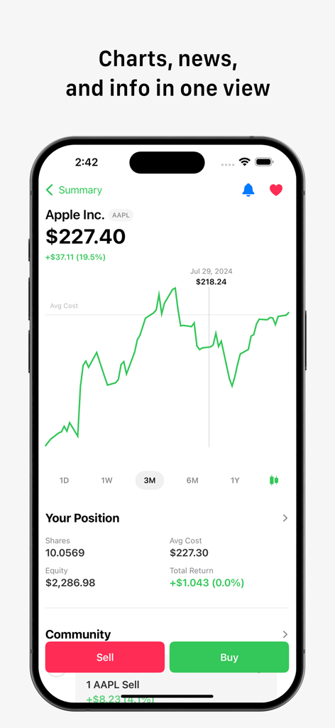 Vestin - Investment Simulator - Vestin investment simulator app showing Apple stock real-time price chart and user position