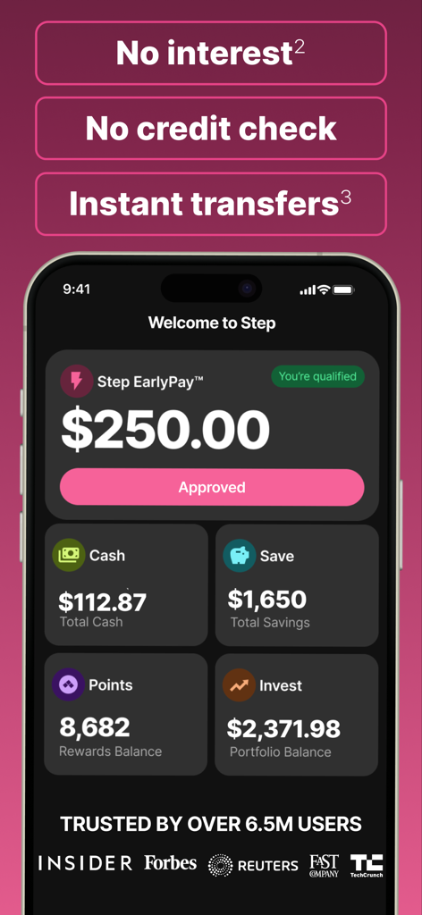 Step: Borrow & Build Credit - Step 모바일 앱 대시보드에 250달러 조기 지급 승인 및 현금 저축 및 투자 계좌 잔액 표시