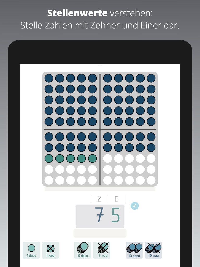 Zahlenfeld - A digital hundred-chart visualization showing the number 75 using place value dots.