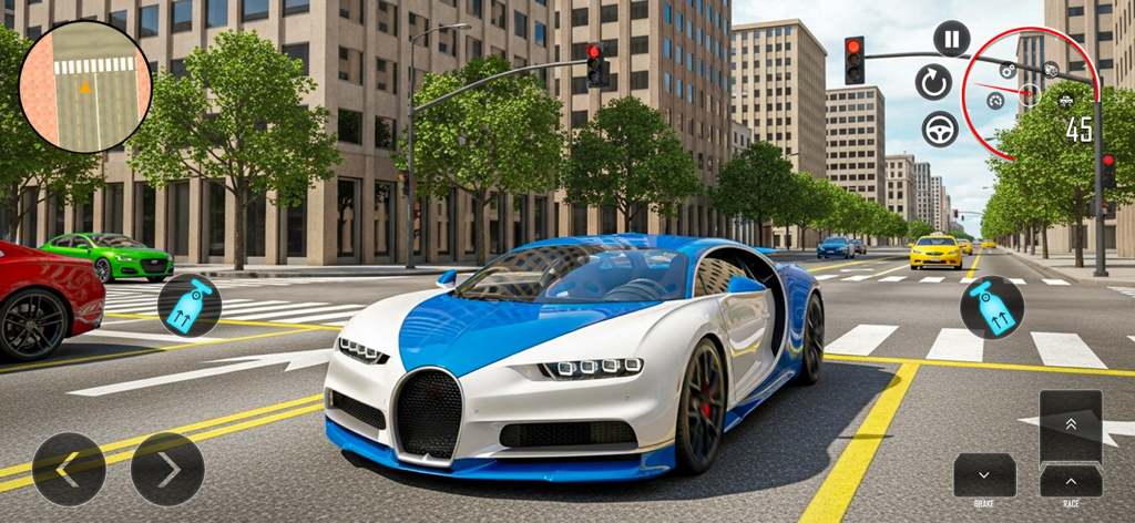 Urban Street Car Driver - A blue and white luxury sports car driving on a city street in a realistic driving simulator
