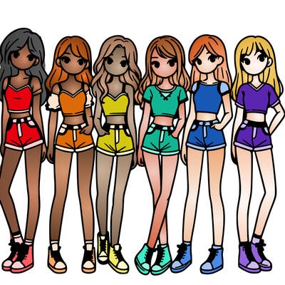 a group of girls wearing crop tops and shorts