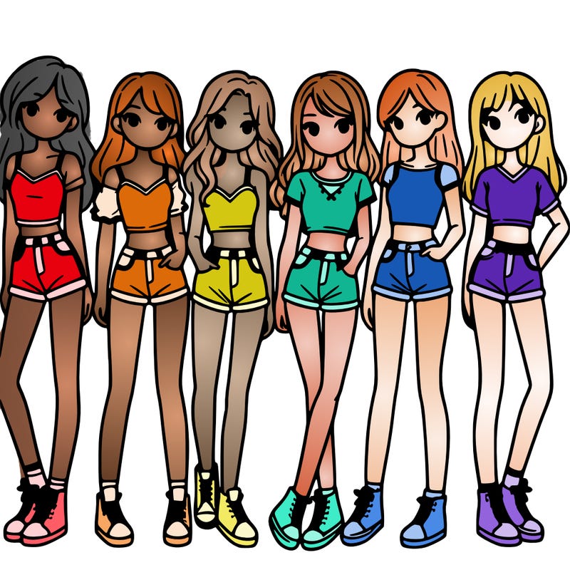 a group of girls wearing crop tops and shorts