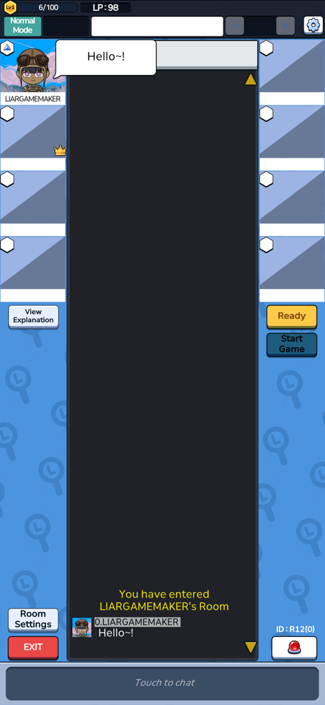 Liar Game Global game room interface showing chat and player lobby