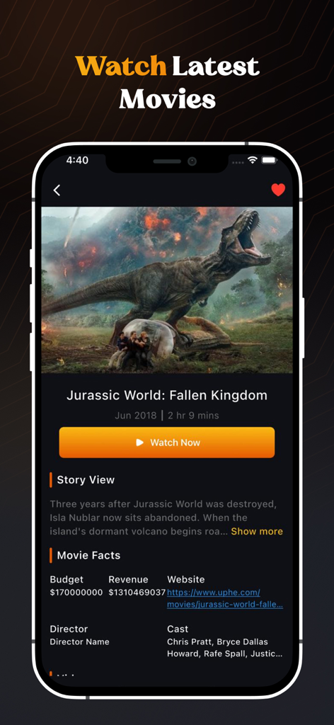 FlixFox: Latest Movies &Series - FlixFox mobile app screenshot displaying movie details including cast, story synopsis, and release information for Jurassic World Fallen Kingdom.