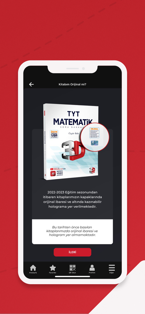 3D Mobil - 3D Mobil app screen showing authenticity check for a math textbook