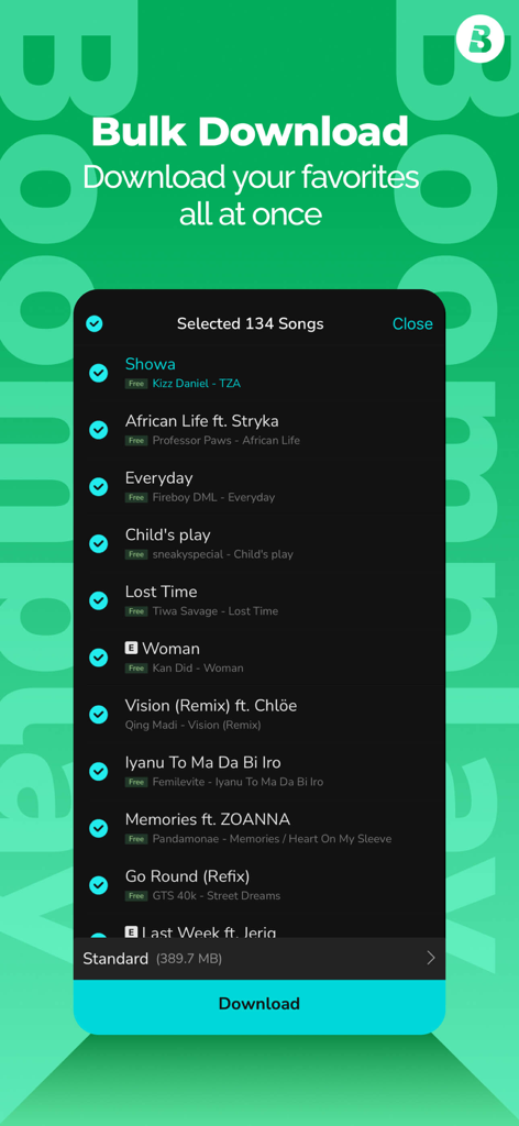 A mobile app interface from Boomplay Lite showcasing the bulk download feature to save multiple songs for offline playback.