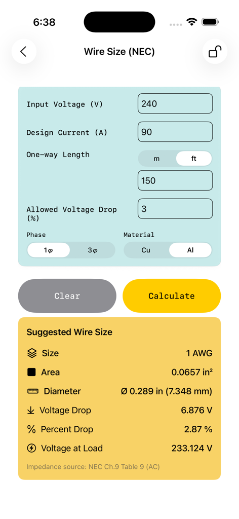 Voltage Drop Calculator. - Wire size calculator interface showing NEC compliant results for voltage drop