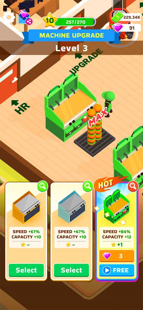 Menu de mise à niveau des machines dans le jeu mobile Burger Please montrant des améliorations de vitesse et de capacité pour l'équipement de cuisine.