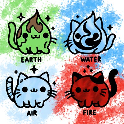 4 cats that represent the different elements, earth, water, air, and fire