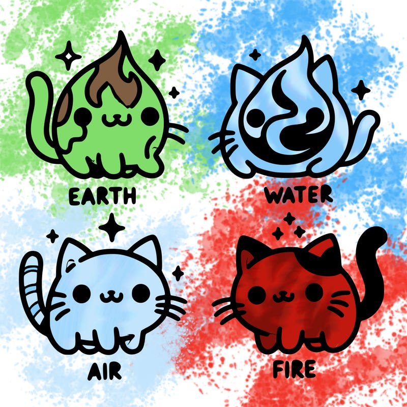 4 cats that represent the different elements, earth, water, air, and fire