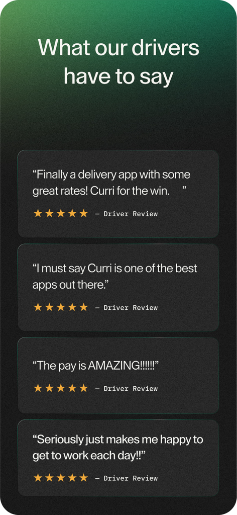 Reseñas positivas de conductores para la aplicación Conductor Curri, con altas calificaciones y elogios por las ganancias y la calidad de la aplicación.