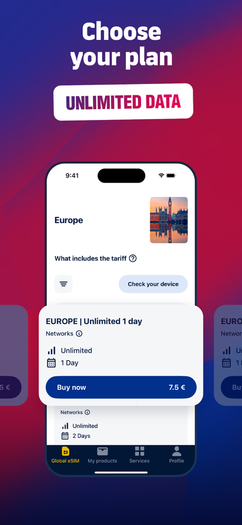 Barca Mobile app screen displaying a one day unlimited data plan for travel in Europe