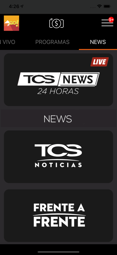 News section of the TCS GO app featuring live Salvadoran news programs like TCS Noticias and Frente a Frente.