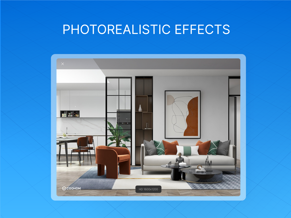 A high-quality photorealistic rendering of a modern living room created with Coohom