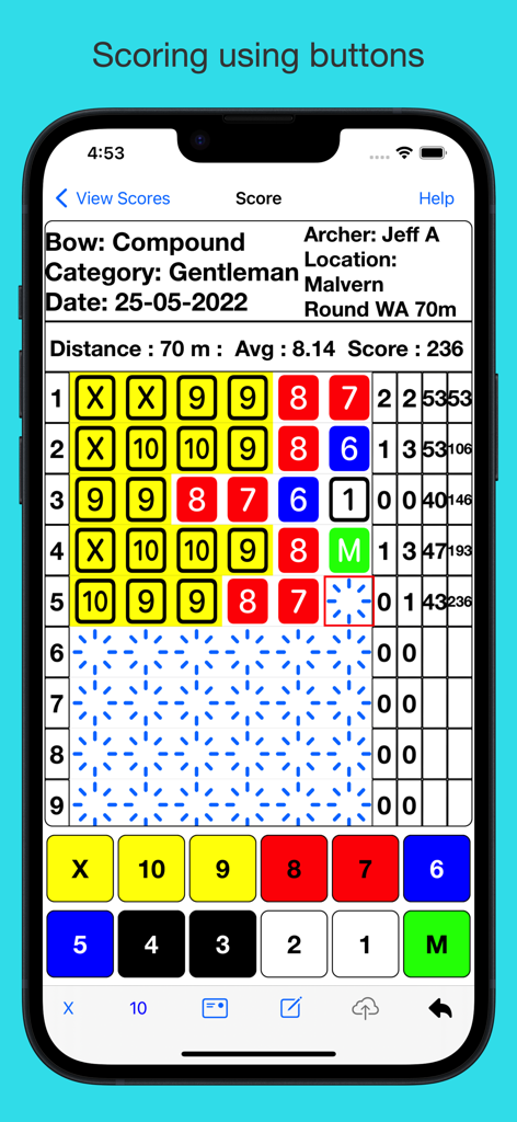 ArcheryLink - Digital archery scorecard and scoring buttons in the ArcheryLink mobile app