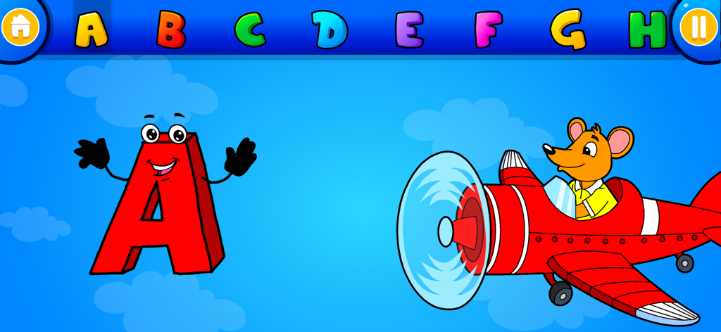 Cartoon letter A waving next to a mouse flying a red airplane in a kids educational app