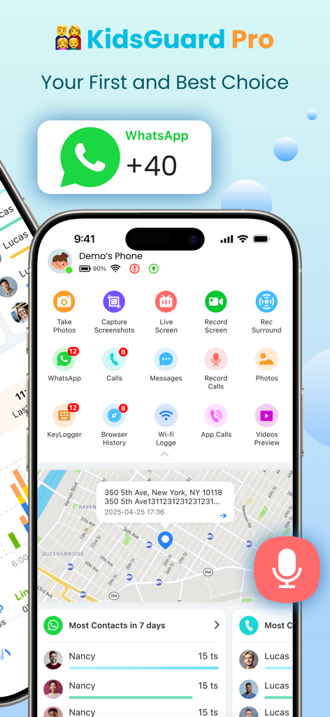 Panel de la aplicación KidsGuard Pro que muestra funciones de monitoreo de control parental y un mapa de ubicación GPS en tiempo real.