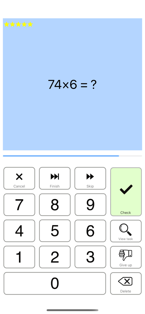 Mental math trainer & coach - メンタル数学トレーナーアプリのインターフェース。数字キーパッドとともに、74×6の掛け算問題が表示されています。