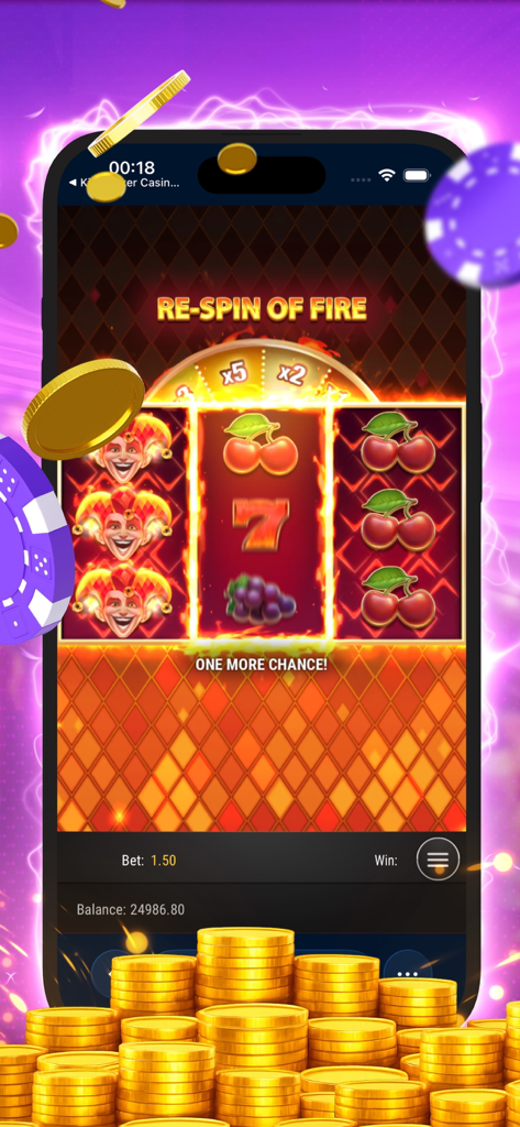 Kingmaker Casino: Trial Games - A mobile slot machine game screen featuring a flaming bonus reel and the text Re-Spin of Fire.