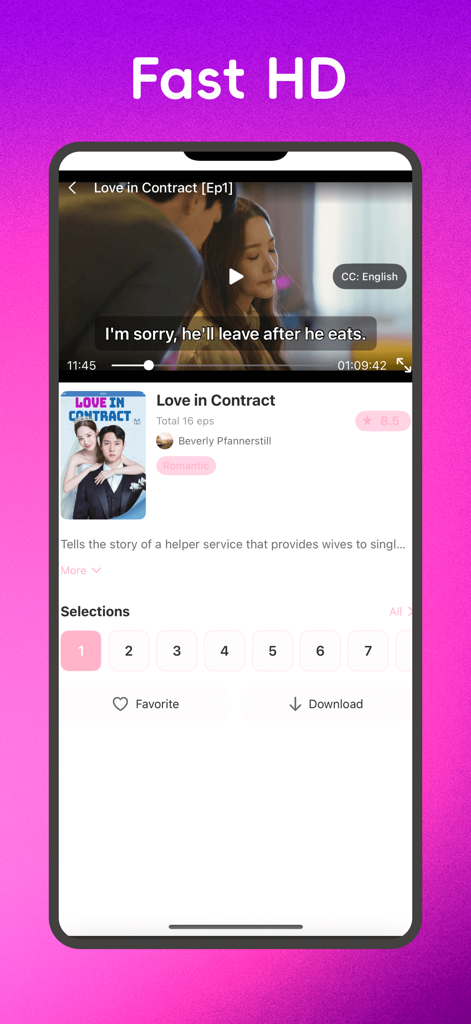 SeeMore App-Oberfläche, die HD-Videowiedergabe einer romantischen Serie mit Episodenwahl und Download-Optionen zeigt