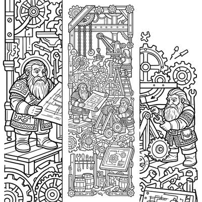 Unleash your creativity with these intricate Dwarf Engineers bookmark coloring pages, perfect for fantasy enthusiasts and mechanical marvels. Each vertical design invites you to color a world of industrious dwarfs, complex gears, and steampunk machinery, ready to mark your favorite tales.