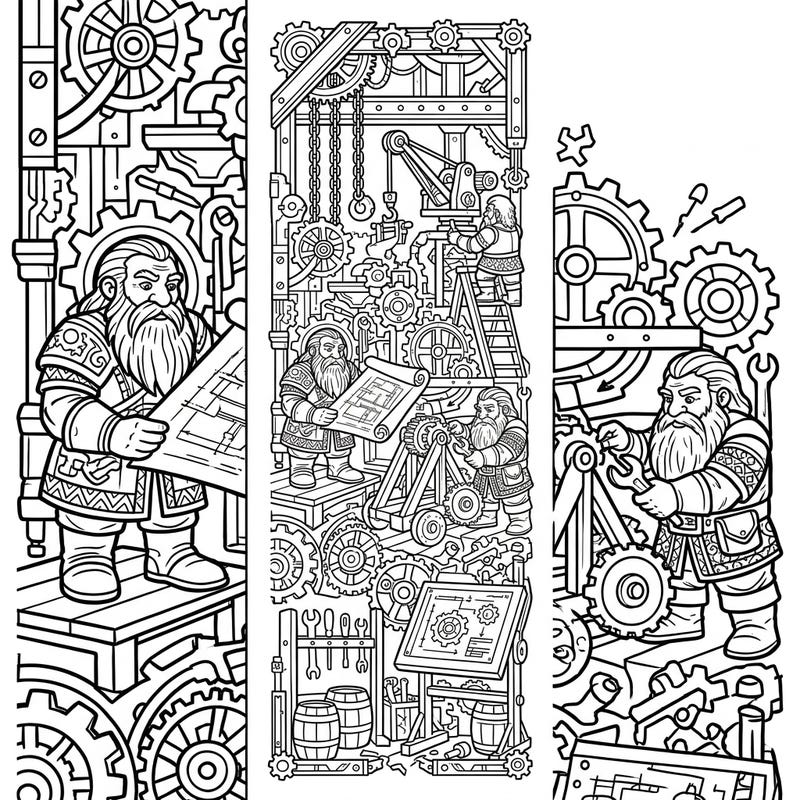 Unleash your creativity with these intricate Dwarf Engineers bookmark coloring pages, perfect for fantasy enthusiasts and mechanical marvels. Each vertical design invites you to color a world of industrious dwarfs, complex gears, and steampunk machinery, ready to mark your favorite tales.