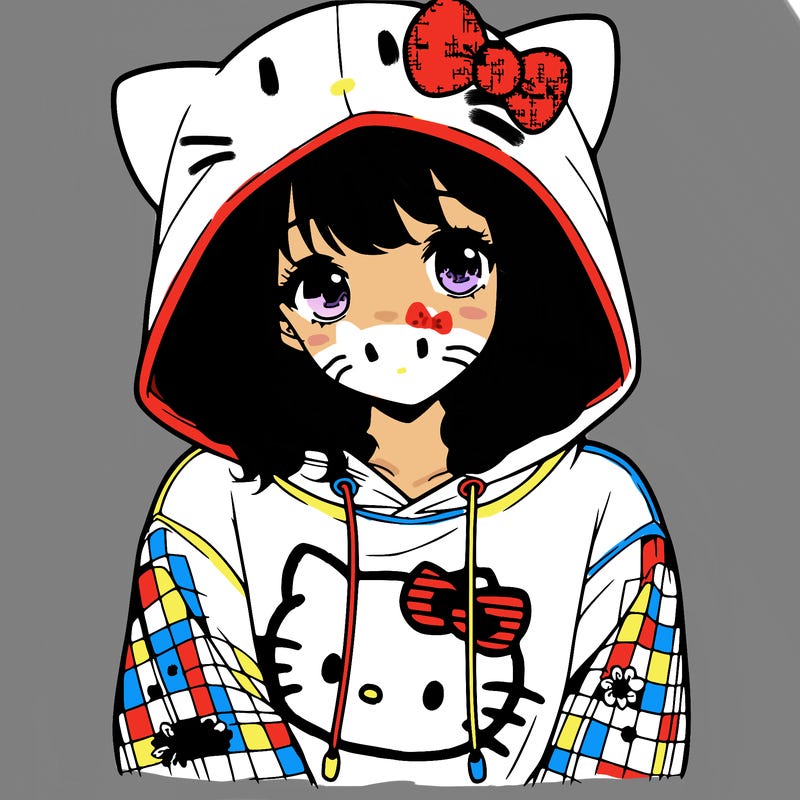 a girl wearing a hello kitty sweater with hood also realistic