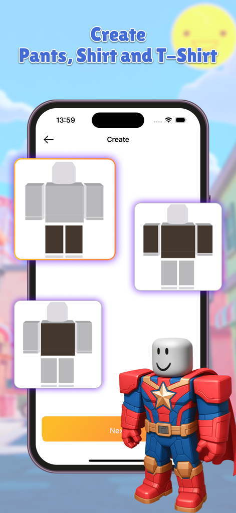 Avatar Clothes Maker Studio - Interfaz de aplicación móvil que muestra plantillas para crear pantalones, camisas y camisetas para avatares de estilo bloque.