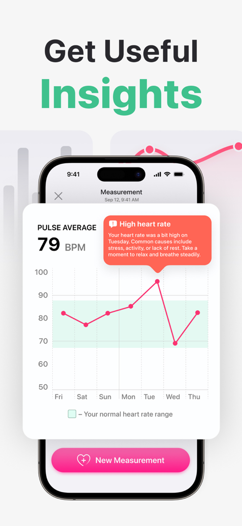 MyPulse - Measure Your Pulse - Smartphone screen displaying a weekly heart rate trend graph with health insights and a high heart rate alert.