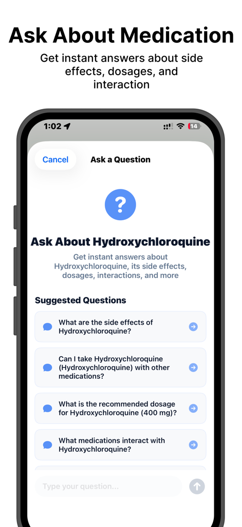 Pill Identifier: AI Pill ID ® - AI health assistant interface in the Pill Identifier app showing suggested questions about Hydroxychloroquine side effects and interactions.