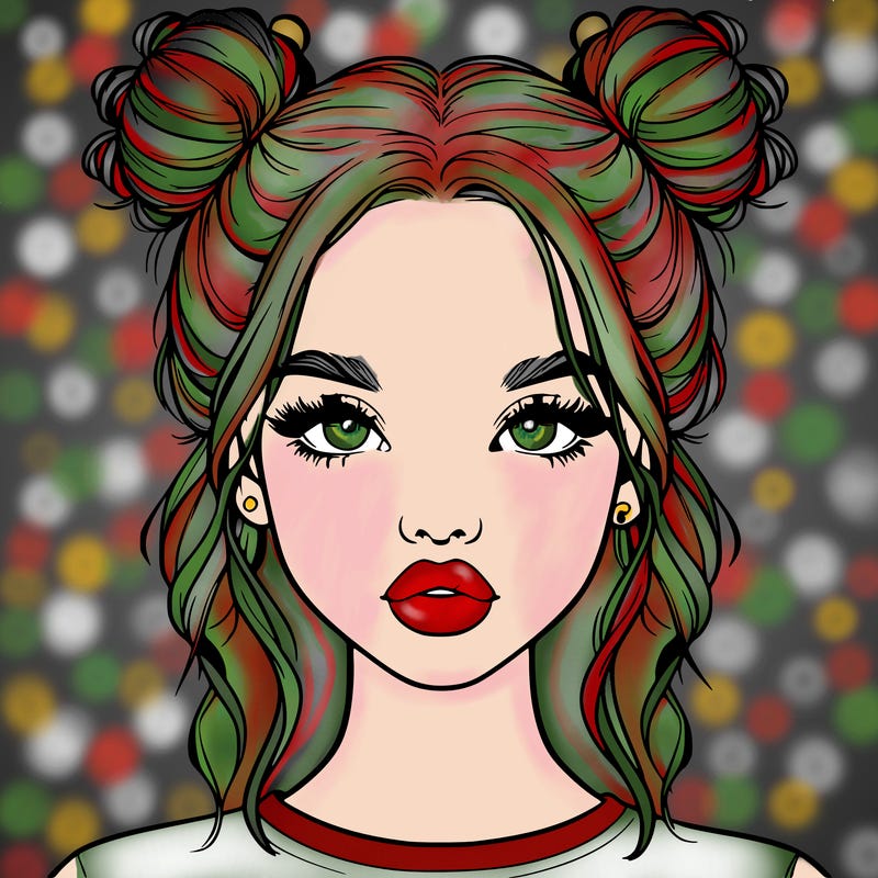 realistic girl with two buns in hair and lips