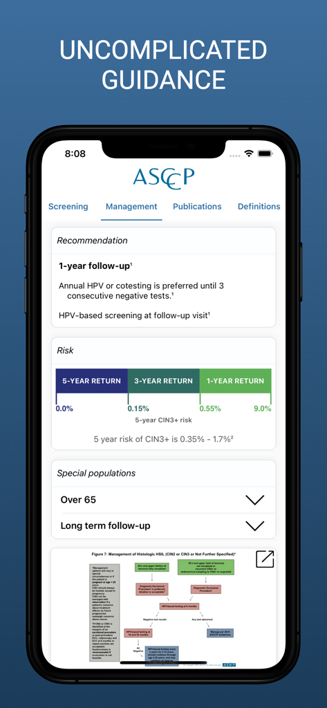 Interface of the ASCCP Management Guidelines app showing clinical recommendations and risk assessment for cervical cancer screening.