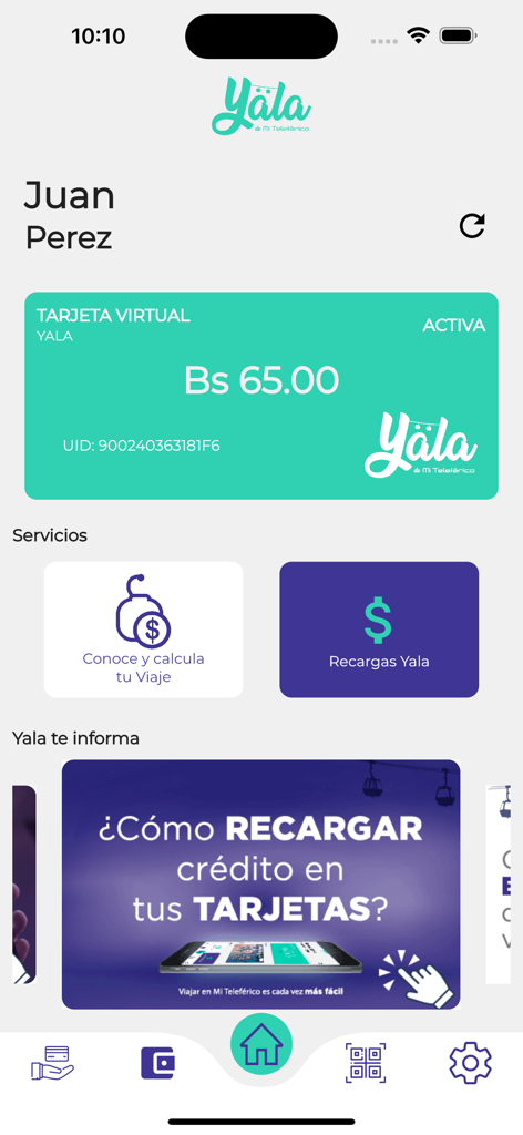 Yala Mi Teleférico - Yala Mi Teleferico mobile app home screen showing a virtual transit card balance and service options