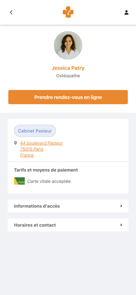 KelDoc - Profile page of an osteopath on the KelDoc app with a button to book an appointment online