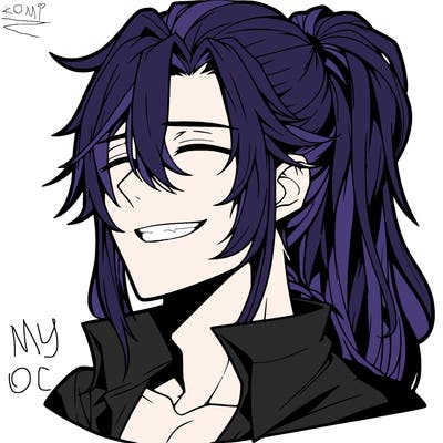 realistic hot anime boy with a grin and long hair in a pony tail
