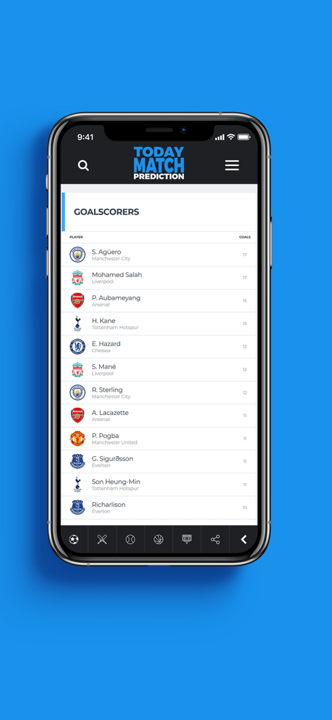 Today Match Prediction - 今日の試合予測アプリの画面、トップサッカー得点王とその統計を表示