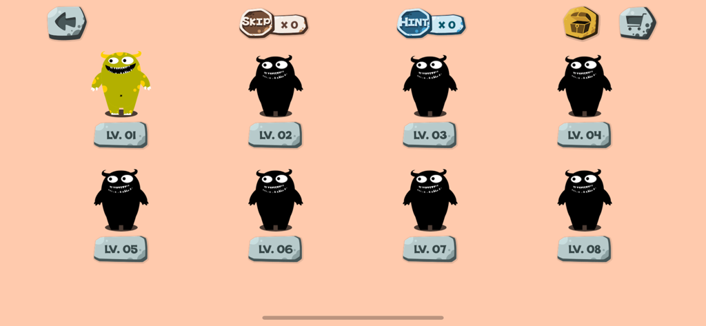 The level selection screen for 100 Ways To Die showing levels 1 to 8 with a green monster unlocked and several locked black silhouettes.