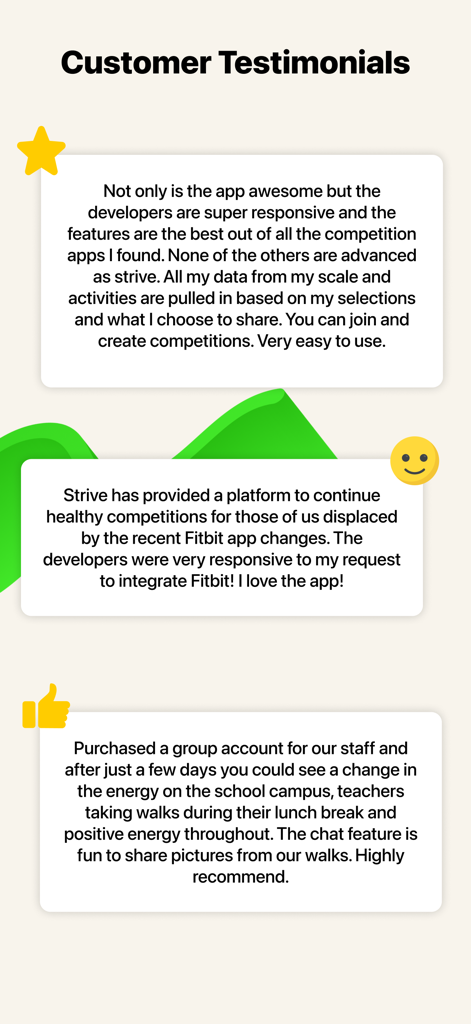 Avaliações e depoimentos positivos de usuários para o aplicativo de competição fitness Strive.